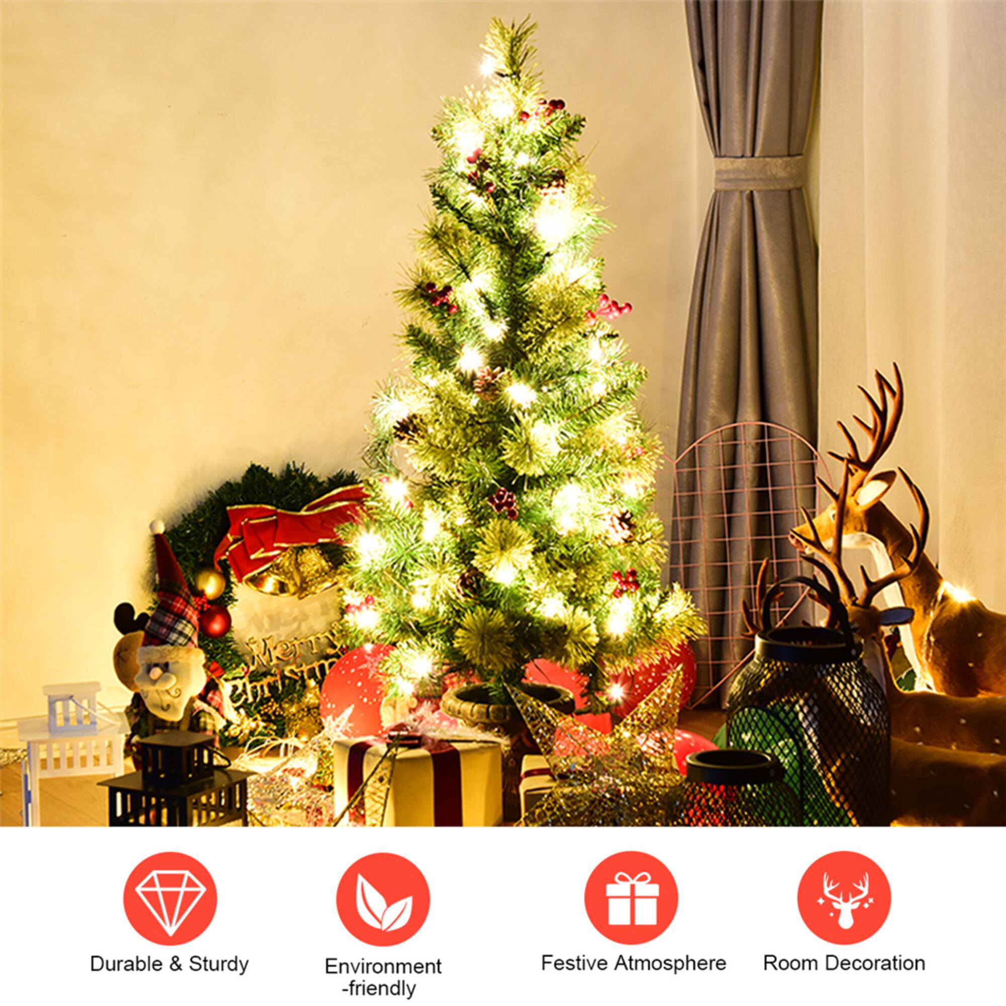 Costway 5ft Pre-Lit Entrance Fir Artificial Christmas Tree in Gold Urn Planter, Warm White LED Lights